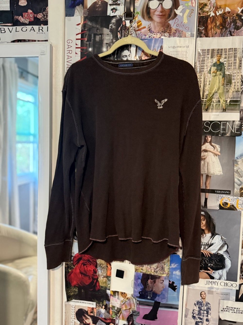 American Eagle Outfitters Dark Brown Crewneck Thermal Sweater with Logo